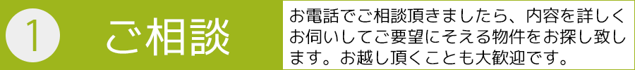 １．ご相談－お電話でご相談頂きましたら、内容を詳しく お伺いしてご要望にそえる物件をお探し致し ます。お越し頂くことも大歓迎です。
