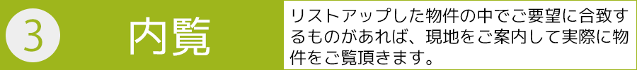 ３．内覧－リストアップした物件の中でご要望に合致するものがあれば、現地をご案内して実際に物件をご覧頂きます。